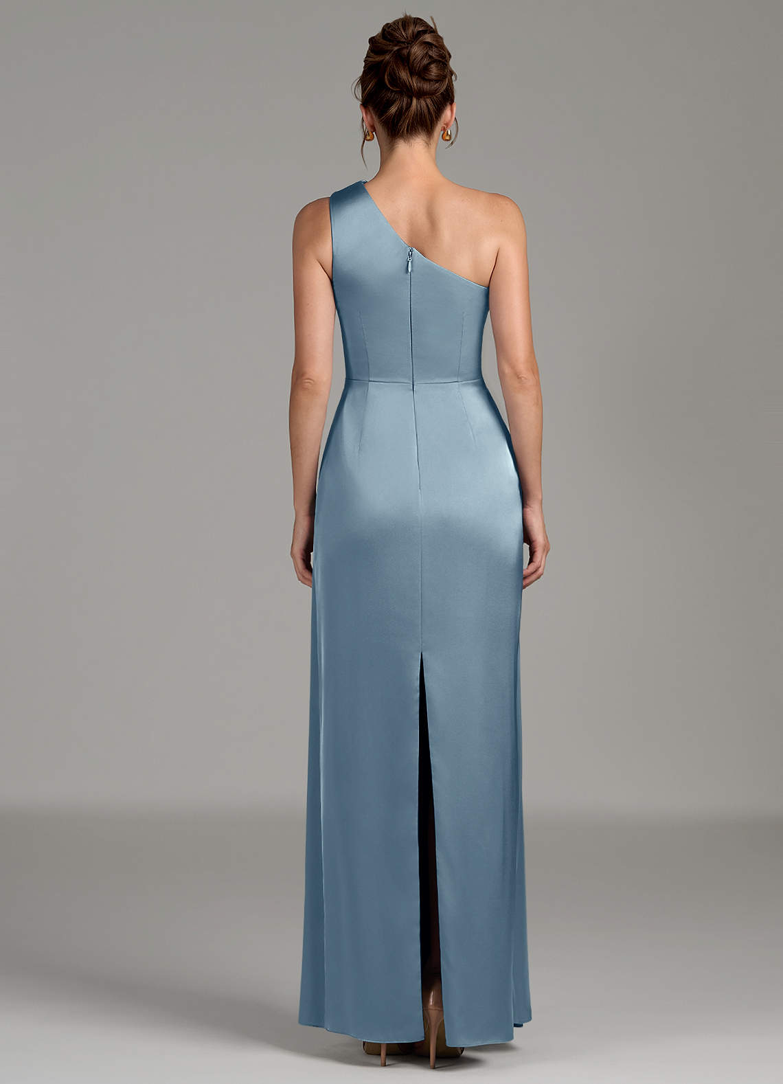 Azazie Zahira Ready to Ship Dusty Blue Stretch Satin Bridesmaid