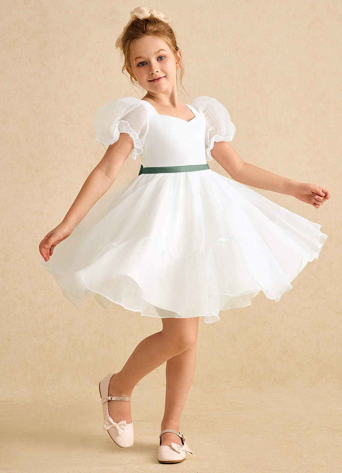 Azazie Debbie Abiti da Ragazza di Fiori Abito Principessa in Organza Scollo a Cuore Avorio Eucalipto image2