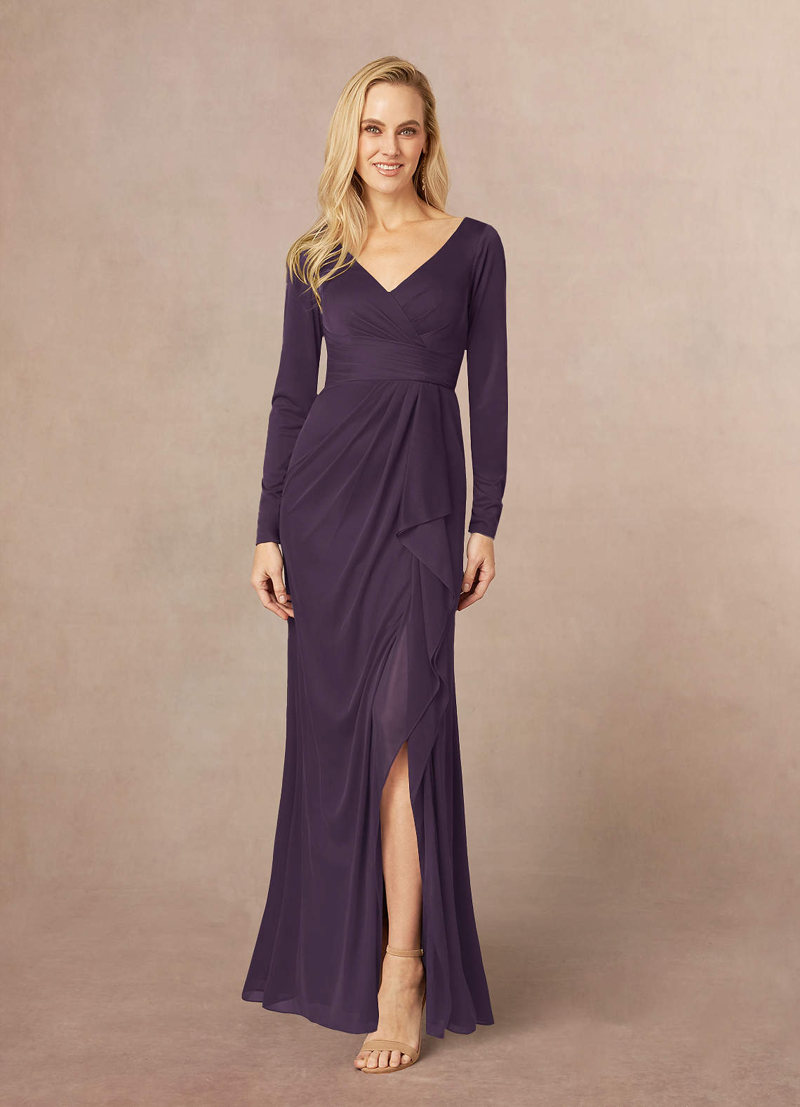 Azazie Risa Mother of the Bride Dresses Plum Mermaid V-Neck Pleated Mesh Dress image1