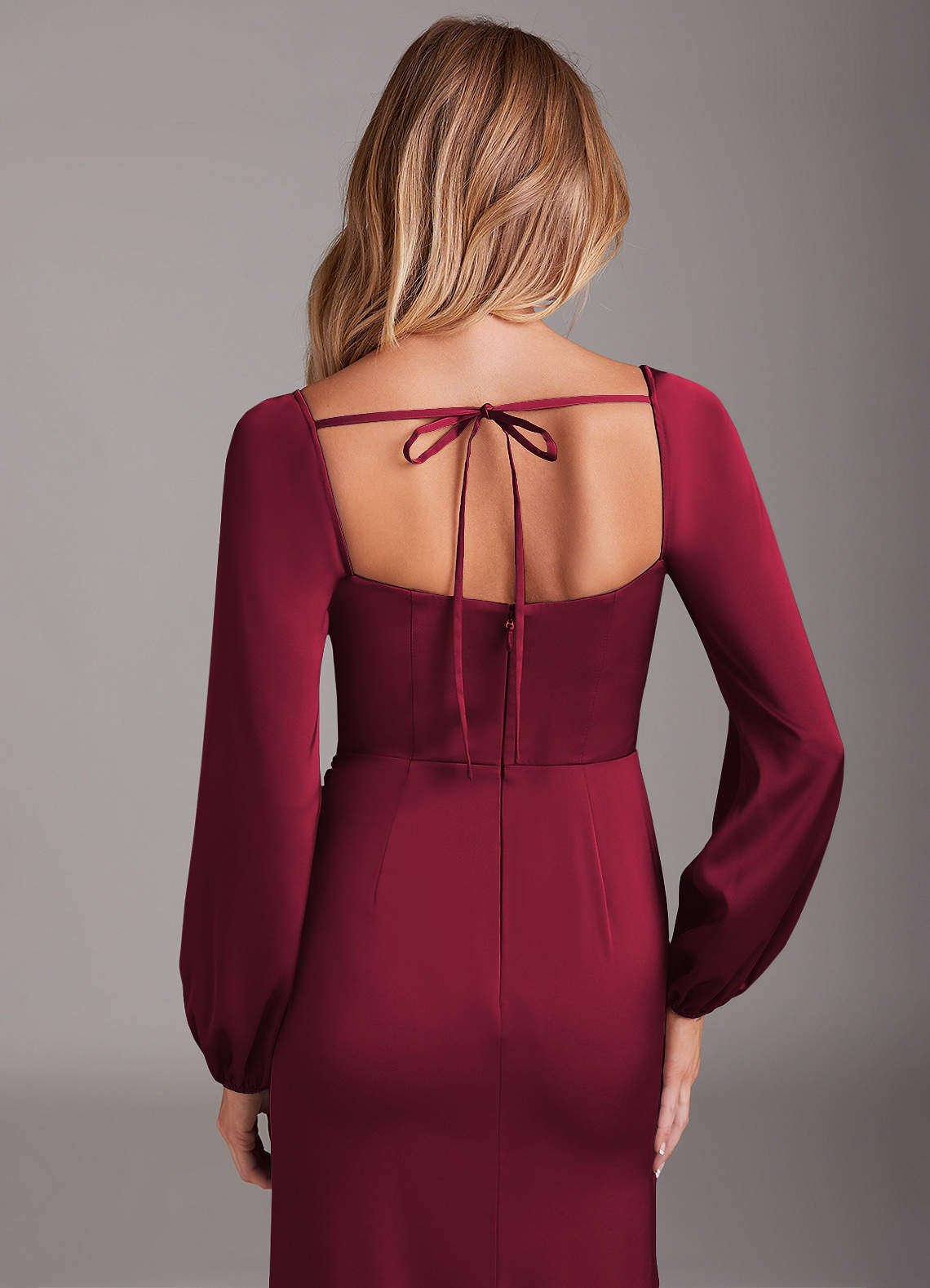Azazie Charissa Bridesmaid Dresses Burgundy Sheath Long Sleeve Stretch Satin Dress image1