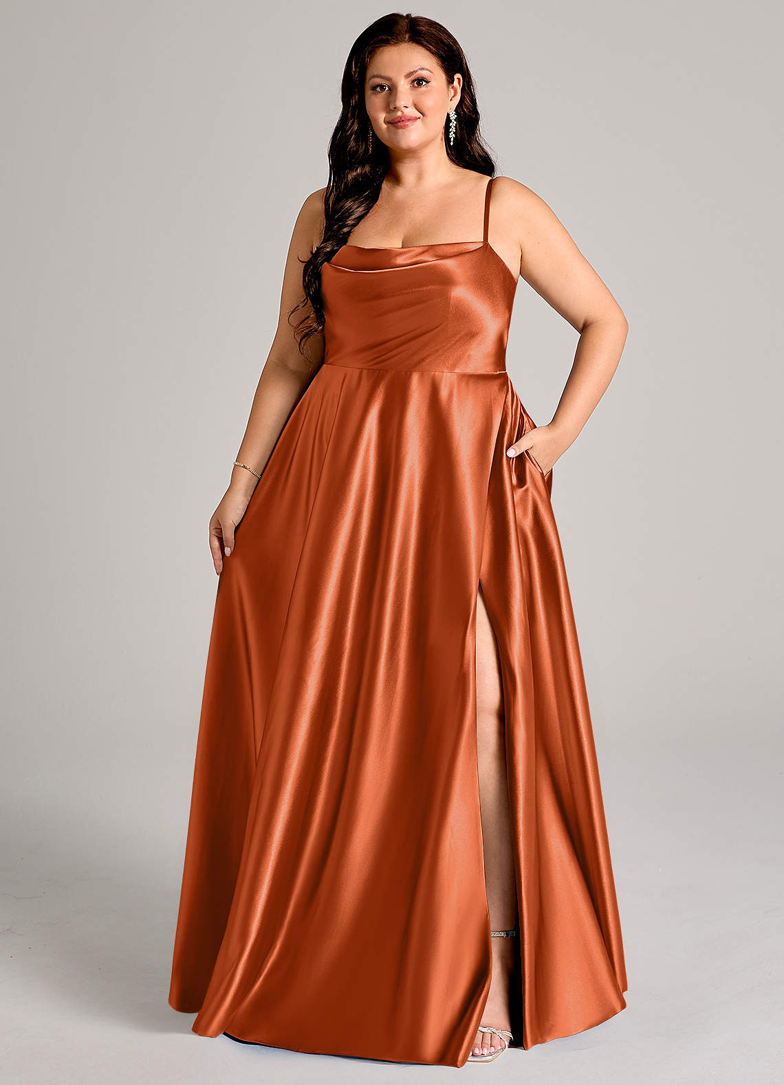 Azazie Elle Bridesmaid Dresses Burnt Orange A-Line with Pockets Metallic Satin Dress image1