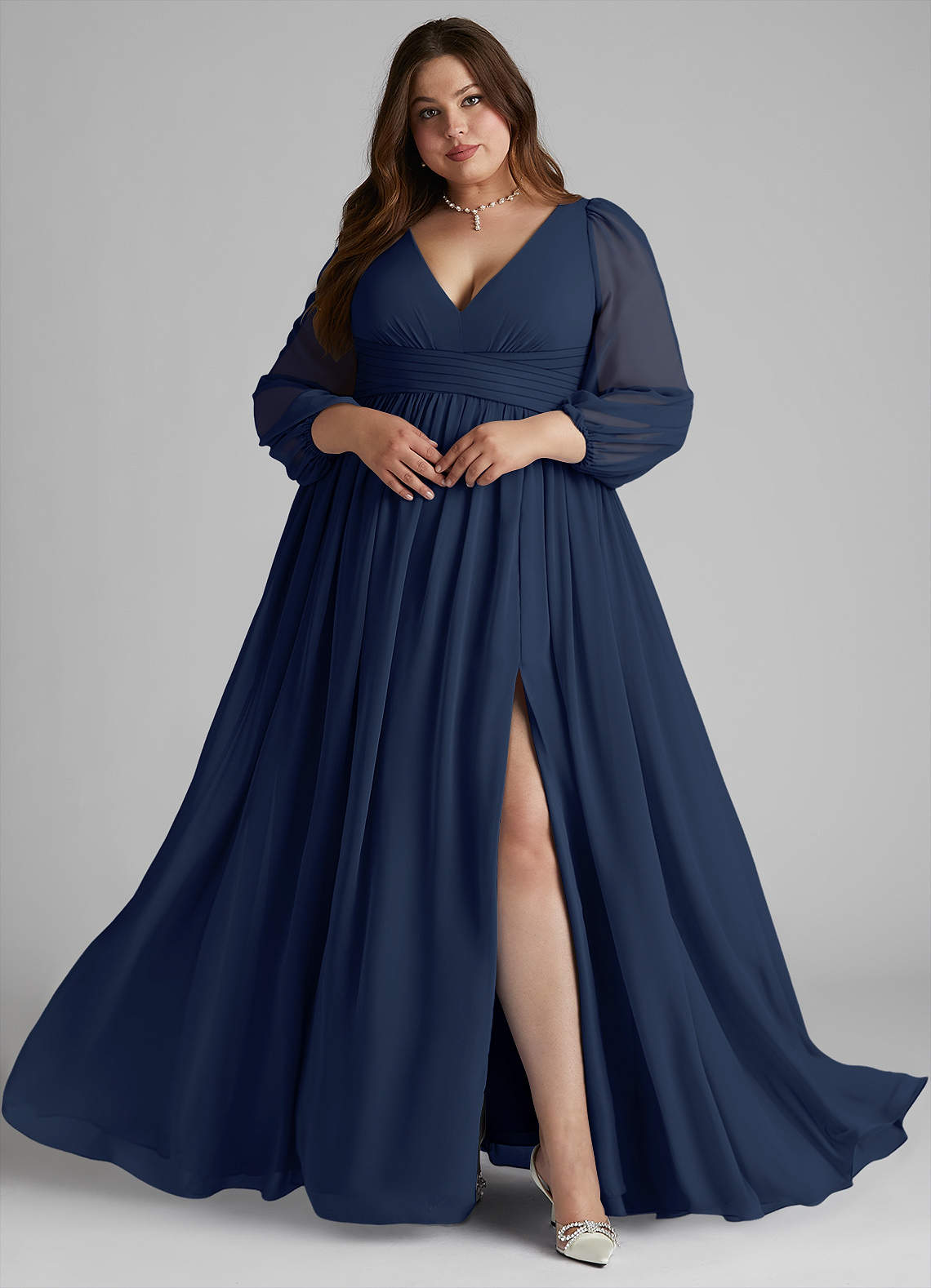 Azazie Norah Bridesmaid Dresses Dark Navy A-Line V-Neck Long Sleeve Chiffon Dress image7