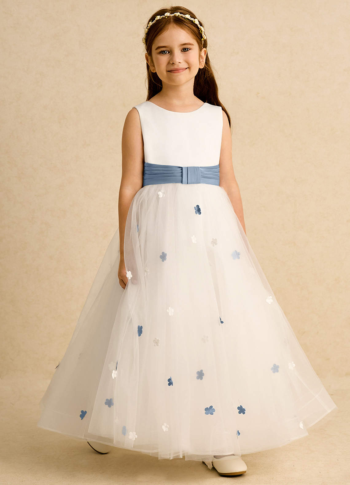 Azazie Cricket vestidos de niña de las flores Vestido de Marfil Azul Polvoriento de Satin Mate de Corte Princesa con Plisado image5