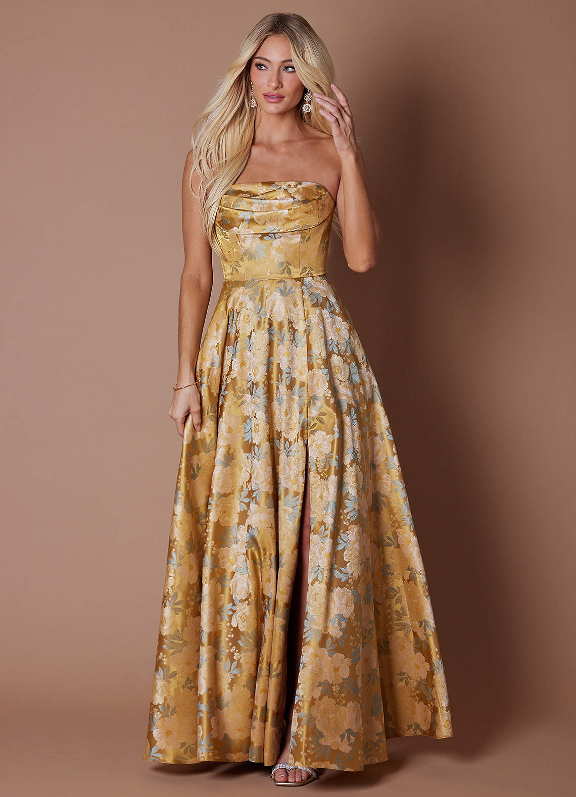 knee length dresses for ladies Gold Metallic Maxi Dress | Backless Cowl Neck Formal Gown for Evening Gala  & Prom main image 0