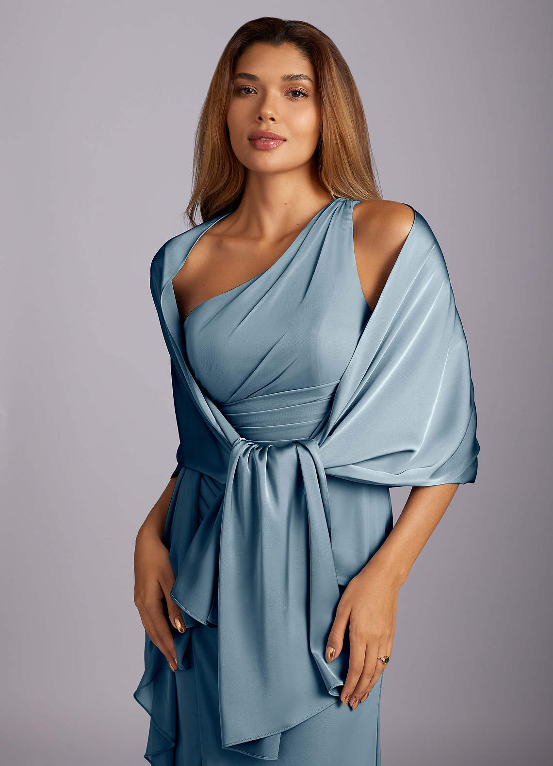 front Azazie Aleena Stretch Satin Shawl