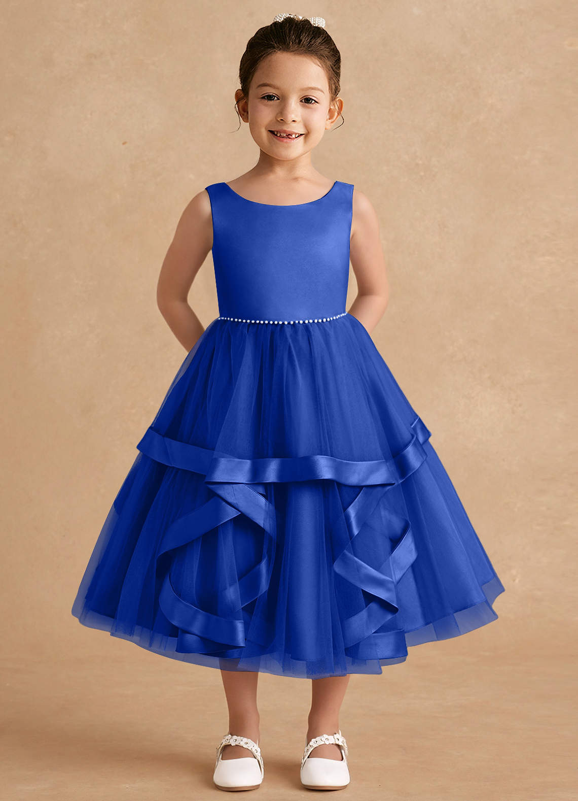 Azazie Posy Blumenmädchenkleider A-Linie Mit Perlen Tüll Kleid Königsblau image1