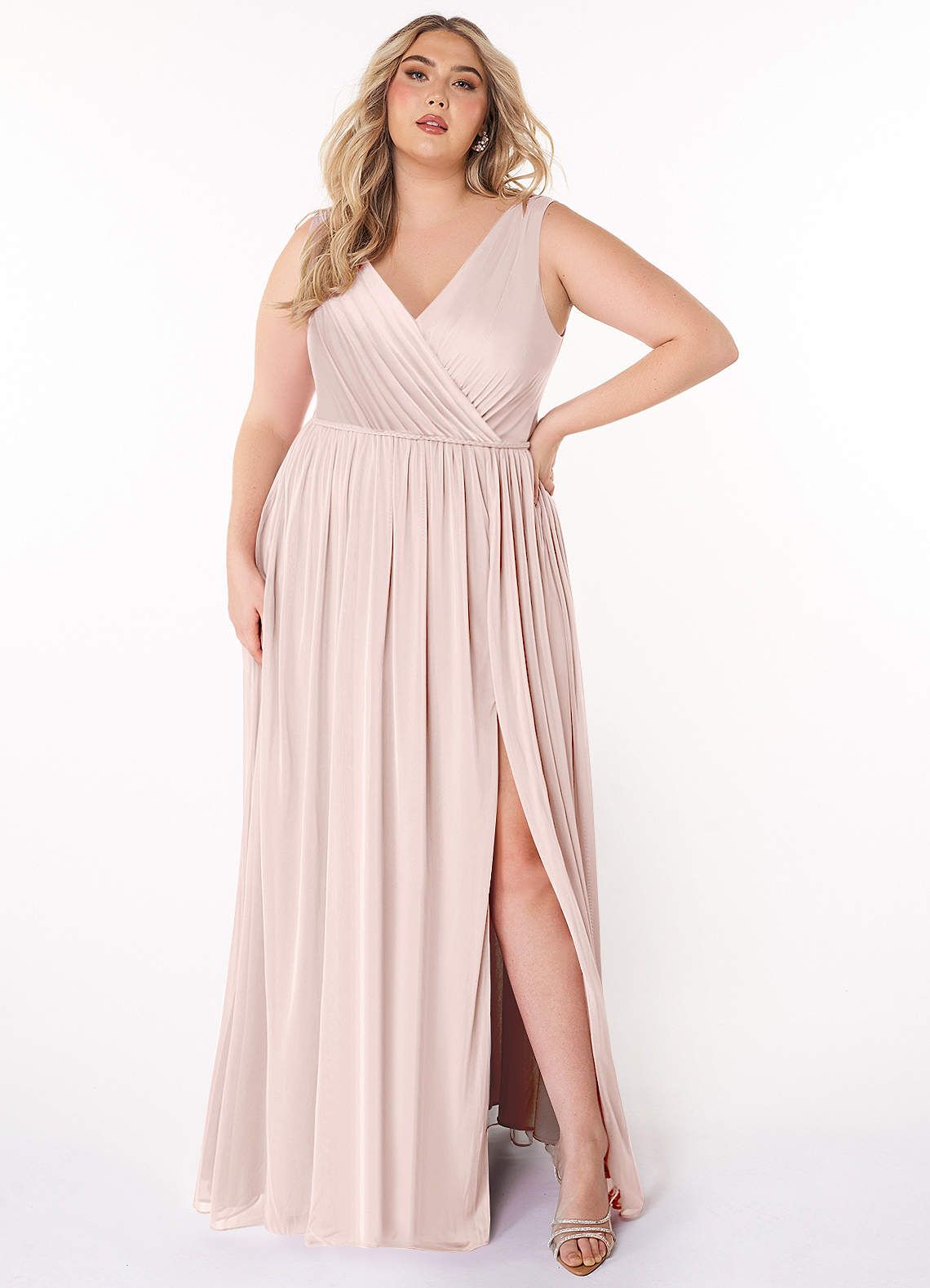 Azazie Tanicia Bridesmaid Dresses Blushing Pink A-Line V-Neck Pleated Mesh Dress image1