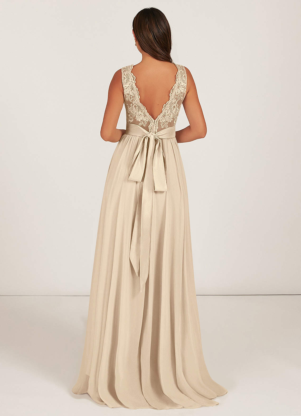 Azazie Gertrude Bridesmaid Dresses Champagne A-Line Lace Chiffon Dress image1