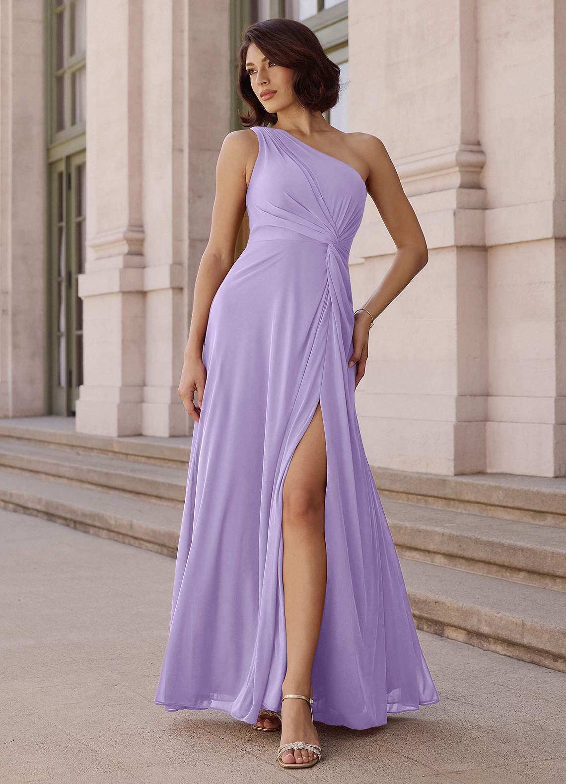 Azazie Brooke Bridesmaid Dresses Lilac A-Line One Shoulder Chiffon Dress image1