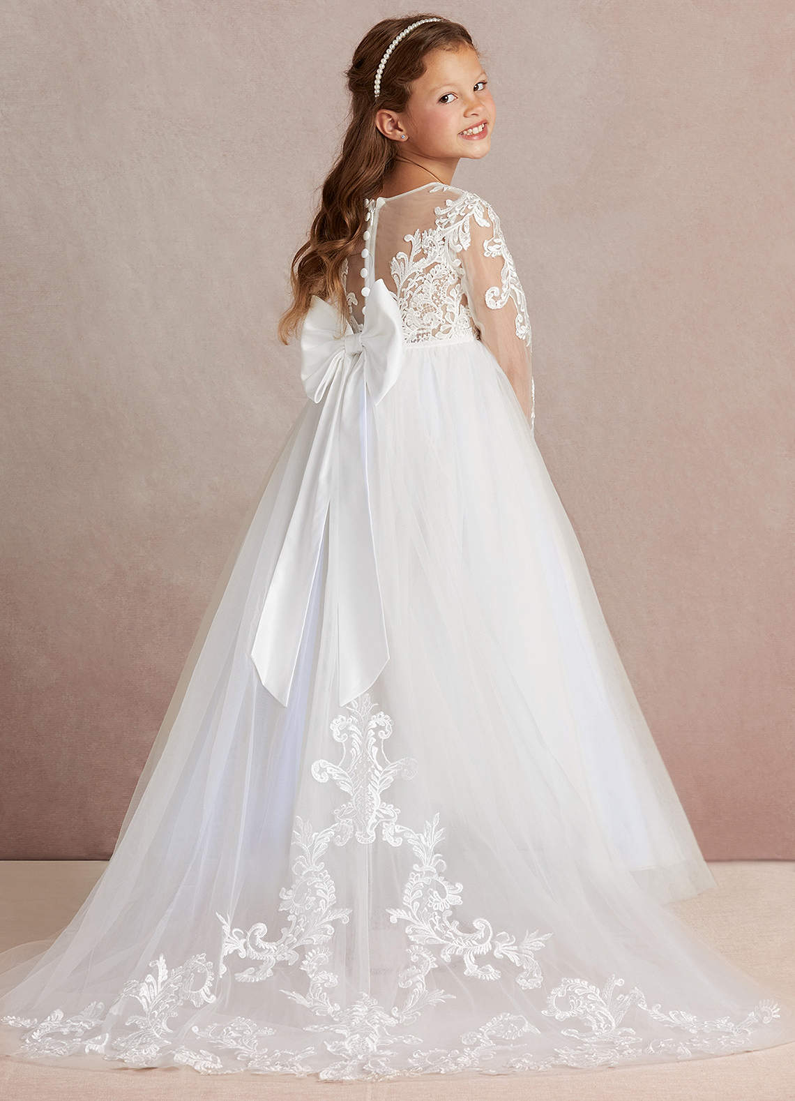 Azazie Elodie Flower Girl Dresses Ivory Lavender Ball-Gown Lace Dress image1