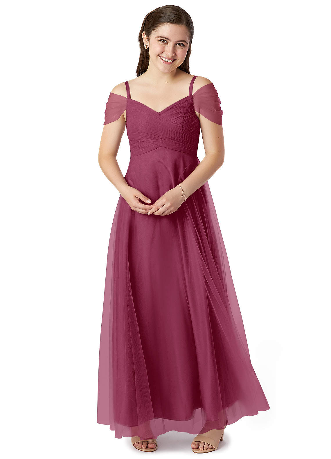 Azazie Jeyne A-Line Off the Shoulder Tulle Floor-Length Junior Bridesmaid Dress image1