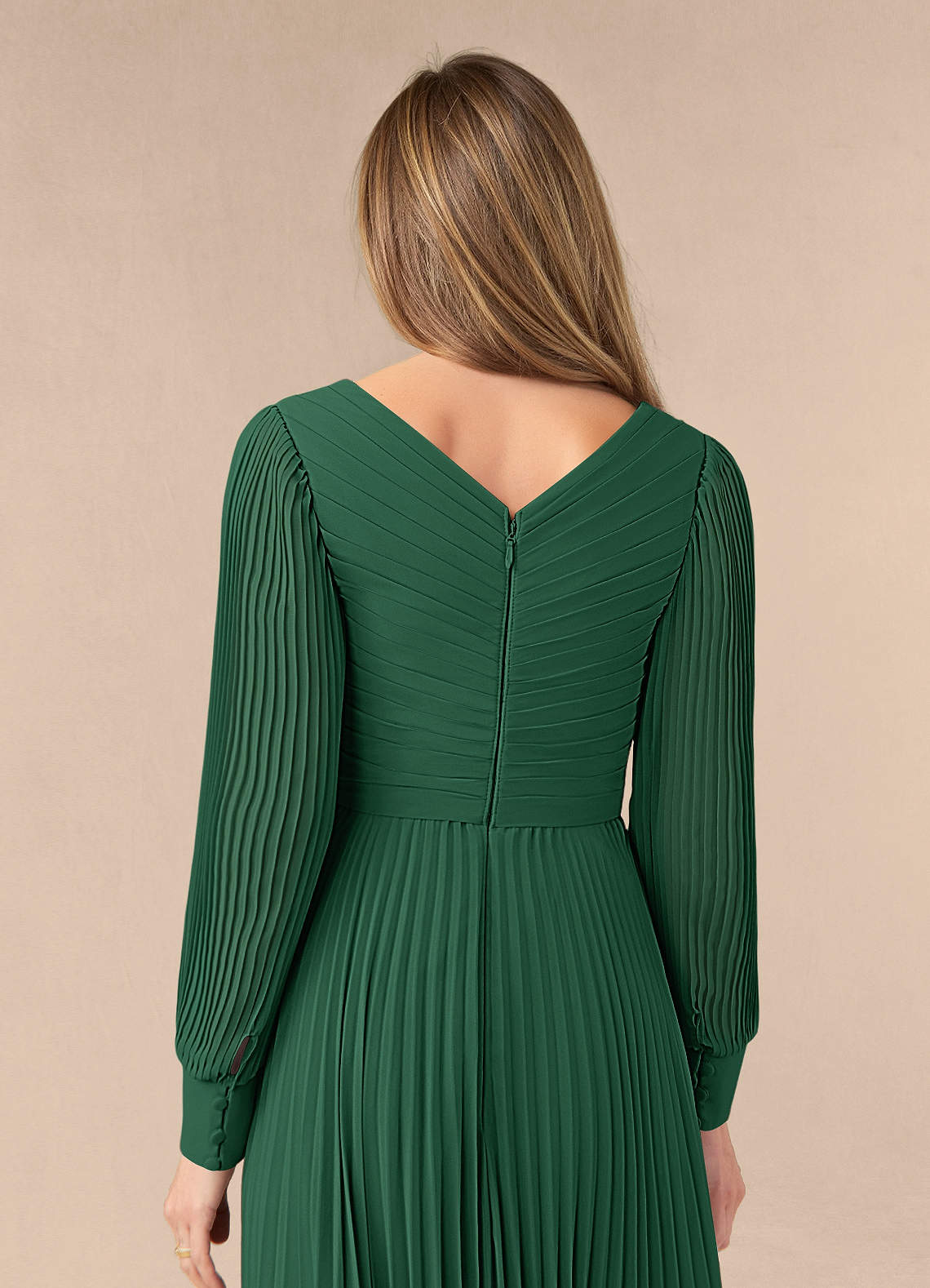 Azazie Zina Dark Green A-Line Pleated Chiffon Dress Ready to Ship