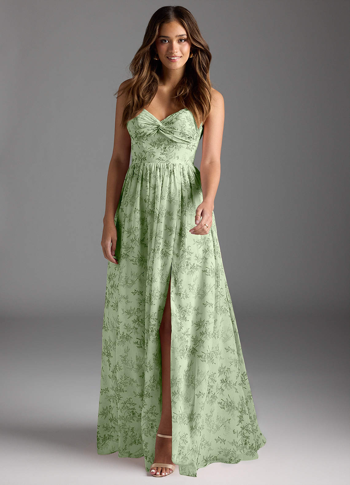 Azazie Zeya Bridesmaid Dresses Green Fern Floral A-Line V-Neck Pleated Chiffon Dress image2