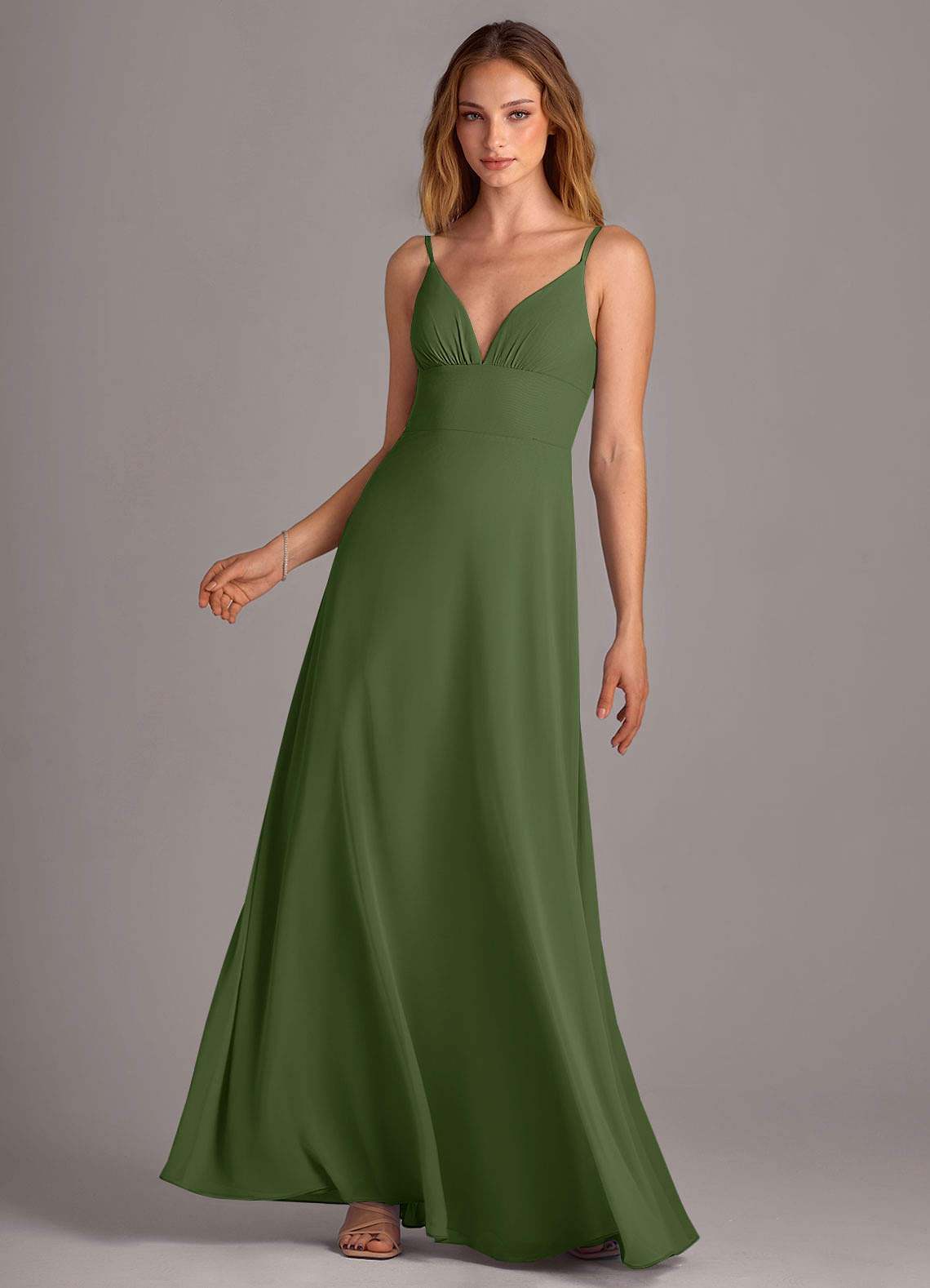 Azazie Amina Robes de demoiselle d'honneur Robe Trapèze en Mousseline de soie Olive image1