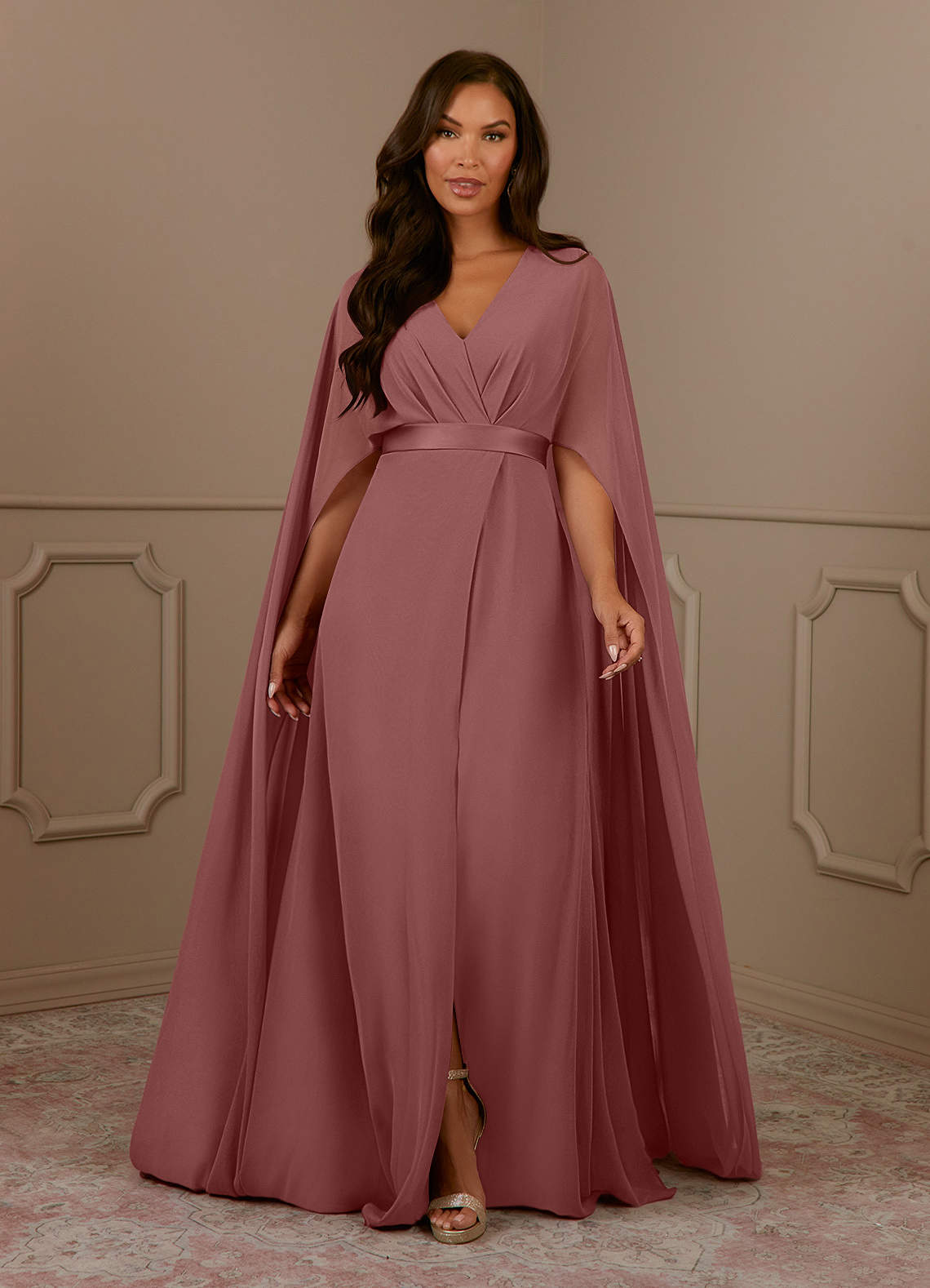 Azazie Isa Mother of the Bride Dresses Desert Rose A-Line V-Neck Pleated Chiffon Dress image1