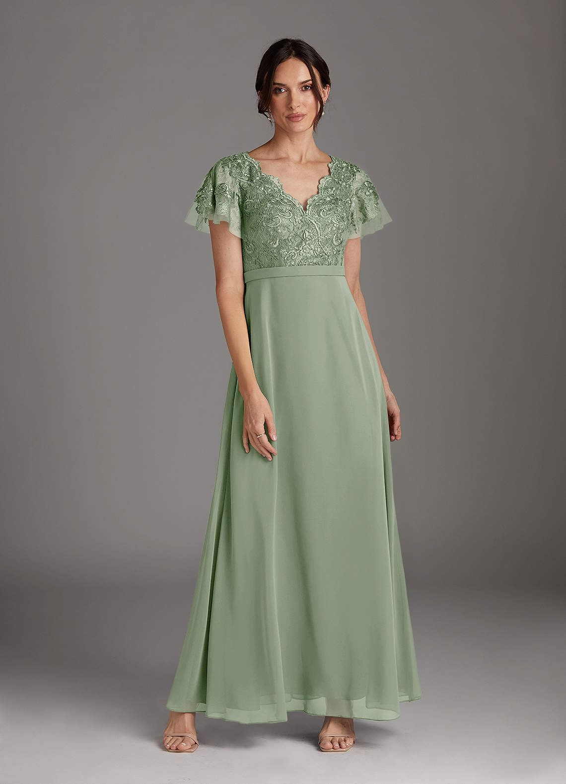 Azazie Singer Mother of the Bride Dresses Dusty Sage A-Line V-Neck Lace Chiffon Dress image1