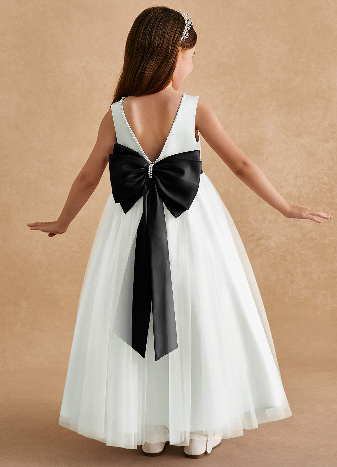 Azazie Cookie Blumenmädchenkleider A-Linie Schleifen Tüll Kleid Elfenbein Schwarz image1