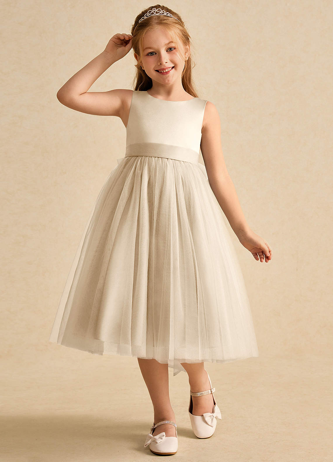 Azazie Winnie Flower Girl Dresses Champagne Ball-Gown Bow Tulle Dress image3