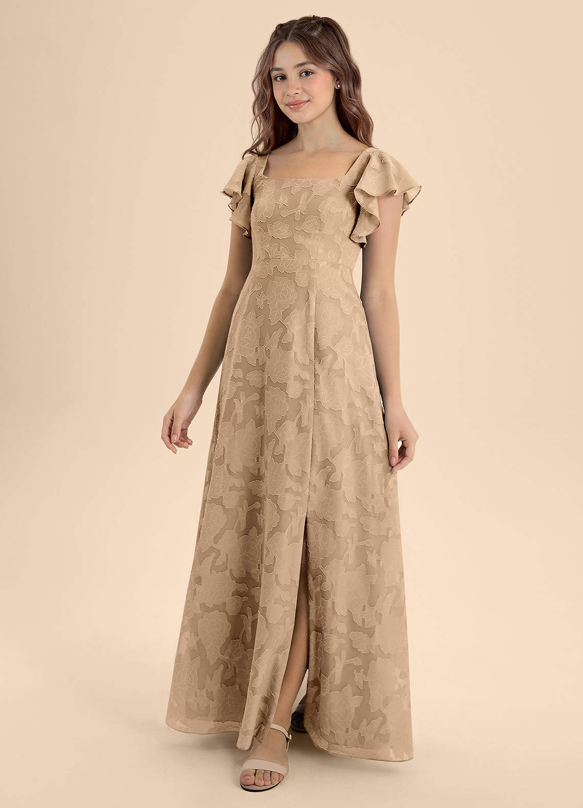 Azazie Bondi Junior Champagne A-Line Bow Floral Burnout Dress image1