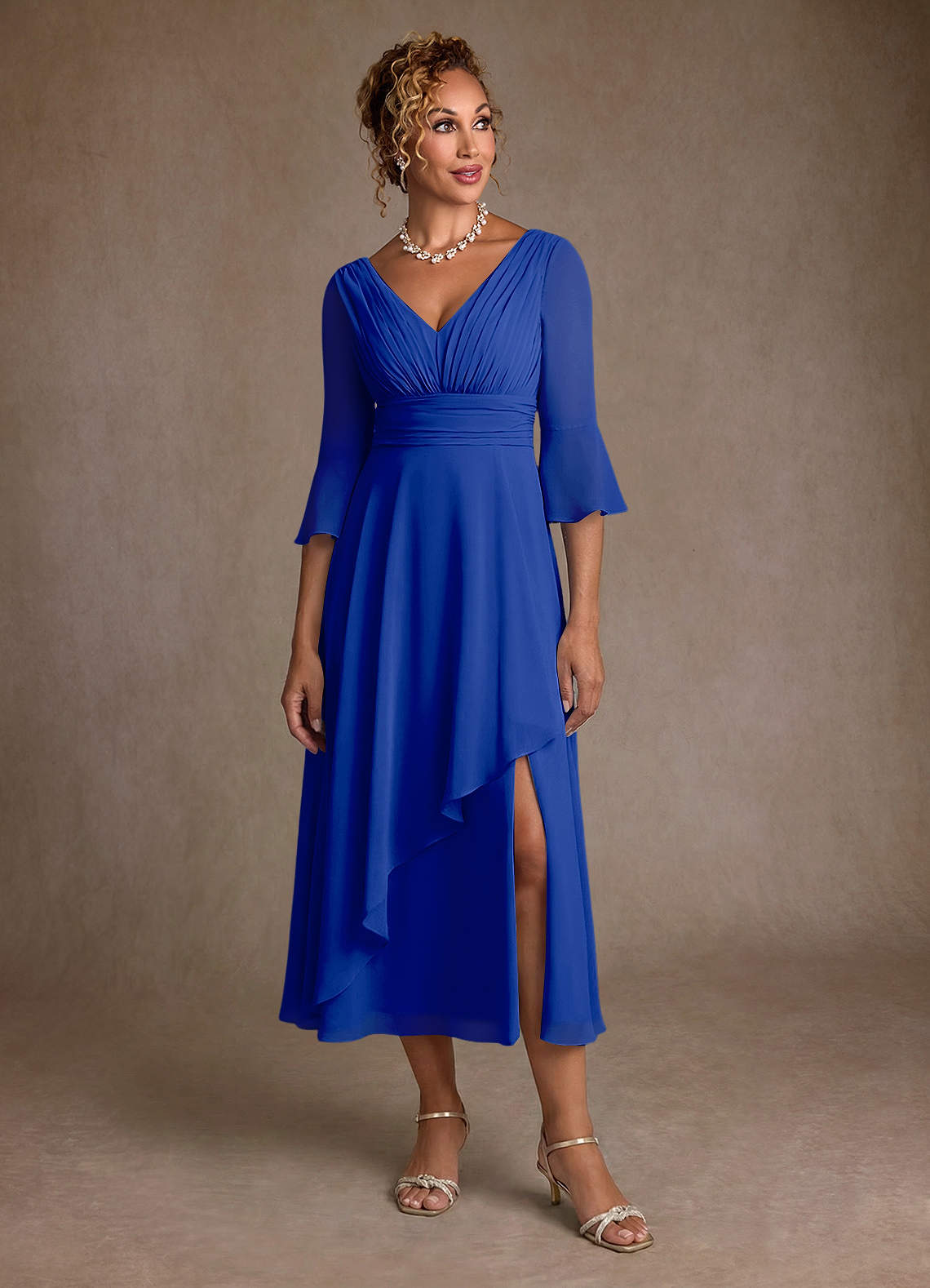 Azazie Aerynne vestidos de madre de la novia Vestido de Azul Real de Gasa de Corte en A con Plisado image3
