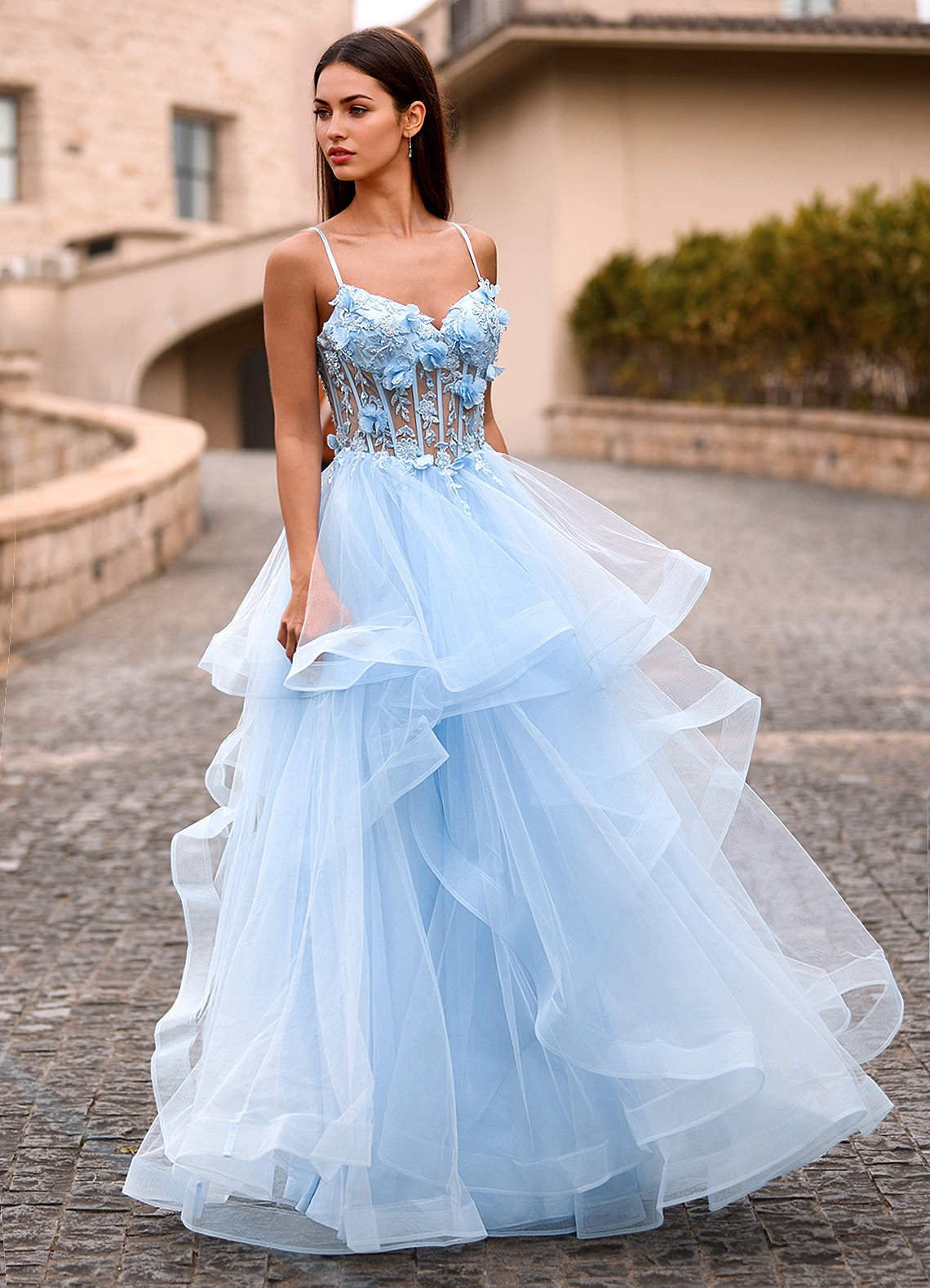 Royal Lace Blue Rose Prom Dress Azazie 2026 Sexy Ruffles 3D Flowers A-Line Prom Dress Sky Blue Gown Royal Lace Blue Rose Prom Dress Azazie 2026 Sexy Ruffles 3D Flowers A-Line Prom Dress Sky Blue Gown
