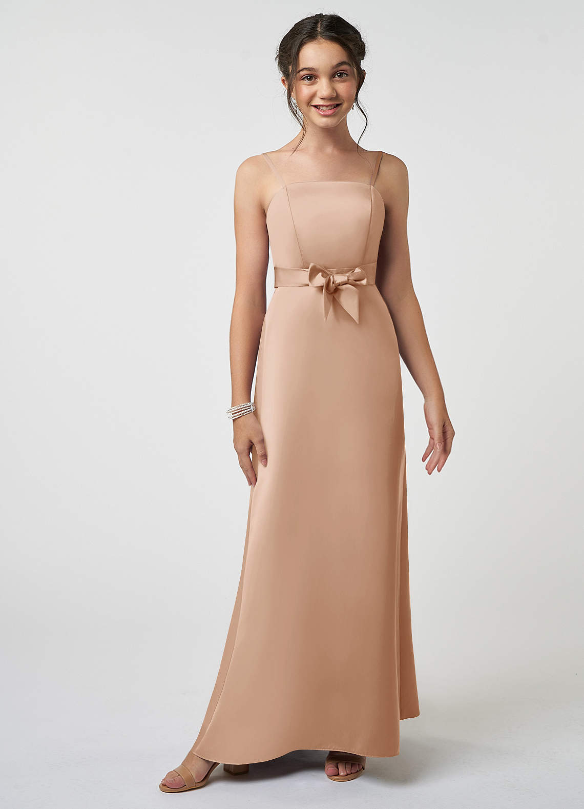 Azazie Anina Junior Robe Trapèze en Satin extensible Arc Rose Perle image1