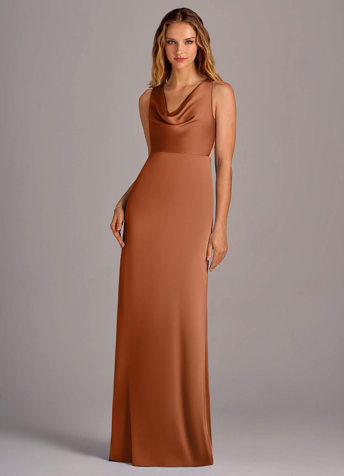 Azazie Wrenlee Bridesmaid Dresses Copper A-Line Stretch Satin Dress image1
