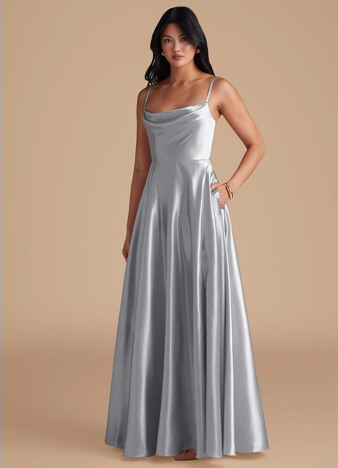 Azazie Elle Bridesmaid Dresses Silver A-Line with Pockets Metallic Satin Dress image1