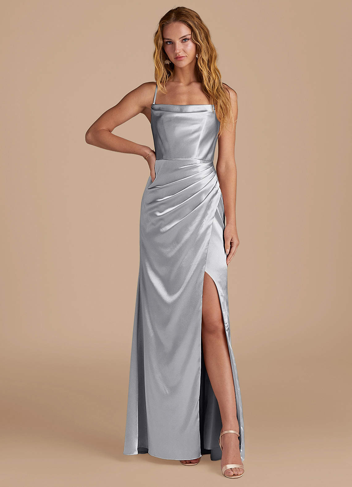 Azazie Marzia Bridesmaid Dresses Silver Mermaid Pleated Metallic Satin Dress image1