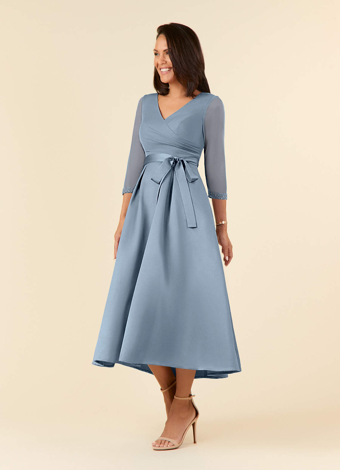Azazie Maritza Abiti per la Madre della Sposa Abito A-Line in Raso Opaco Plissettato Blu Polveroso image1