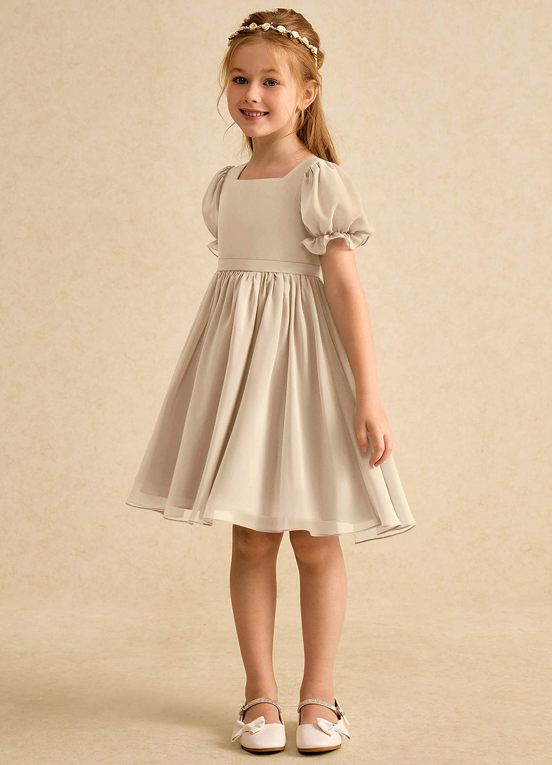 Azazie Jolie Blumenmädchenkleider A-Linie mit ärmel Chiffon Kleid Champagner image4
