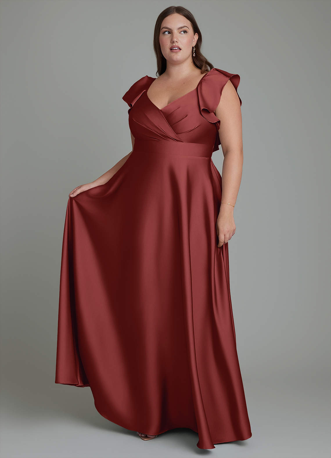 Azazie Leilani Robes de demoiselle d'honneur Robe Trapèze en Satin extensible Drapé Terracotta image1