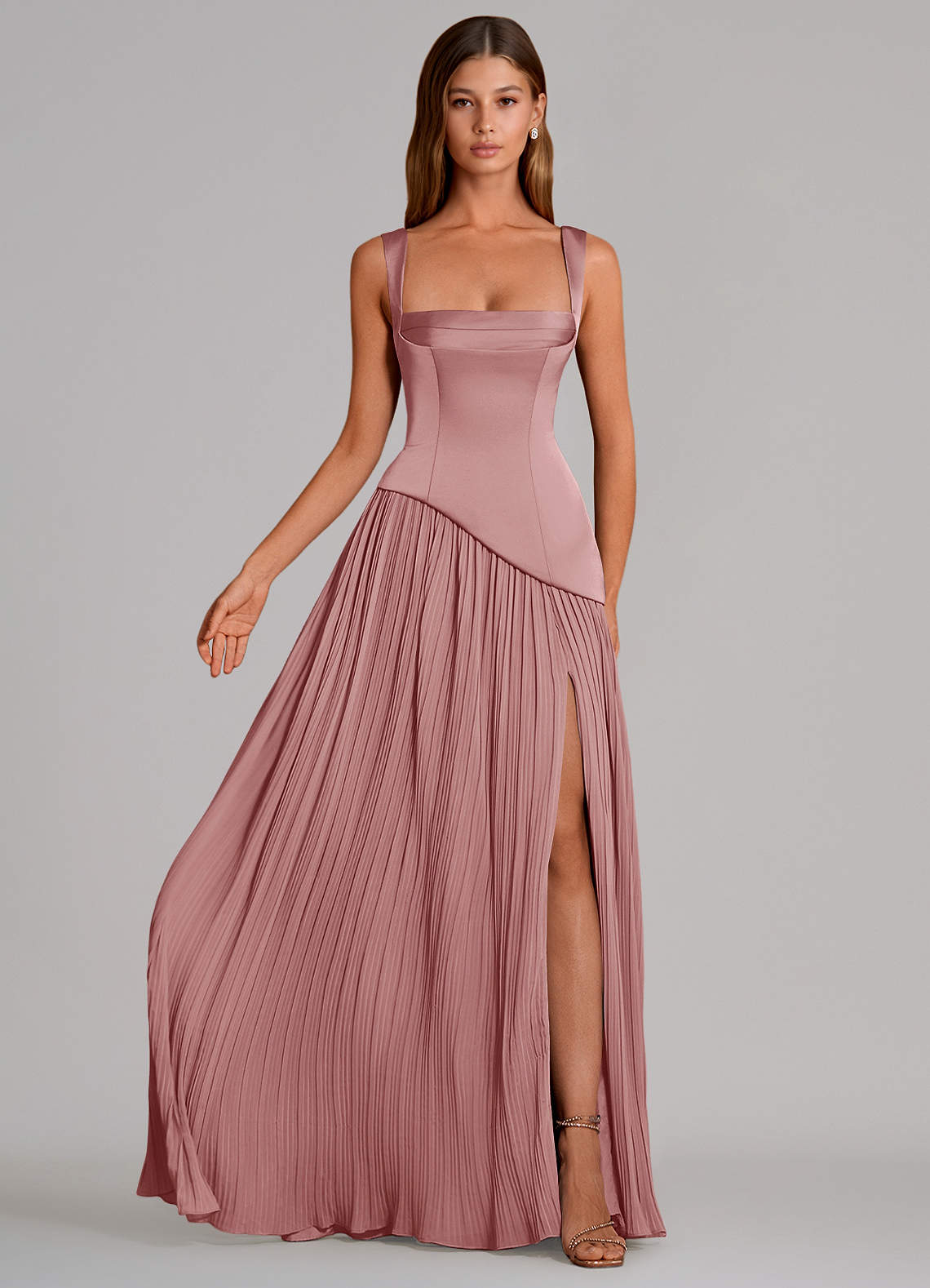 Azazie Stephanie Suknie dla druhen Linia A Pofałdowany Satyna elastyczna Do ziemi Sukienka image3