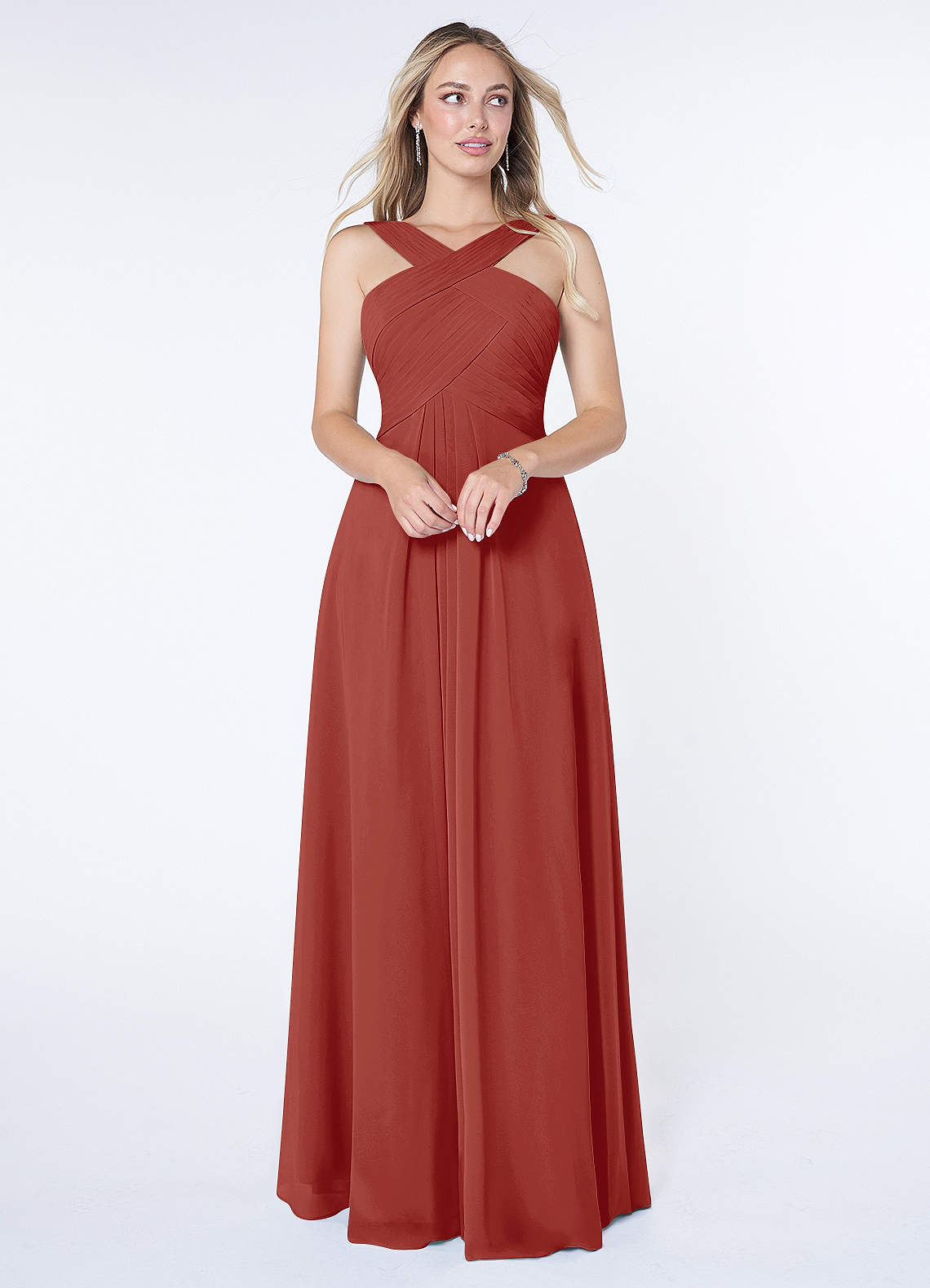 Azazie Kaleigh Brautjungfernkleider A-Linie Plissee Chiffon Kleid Terrakotta image1