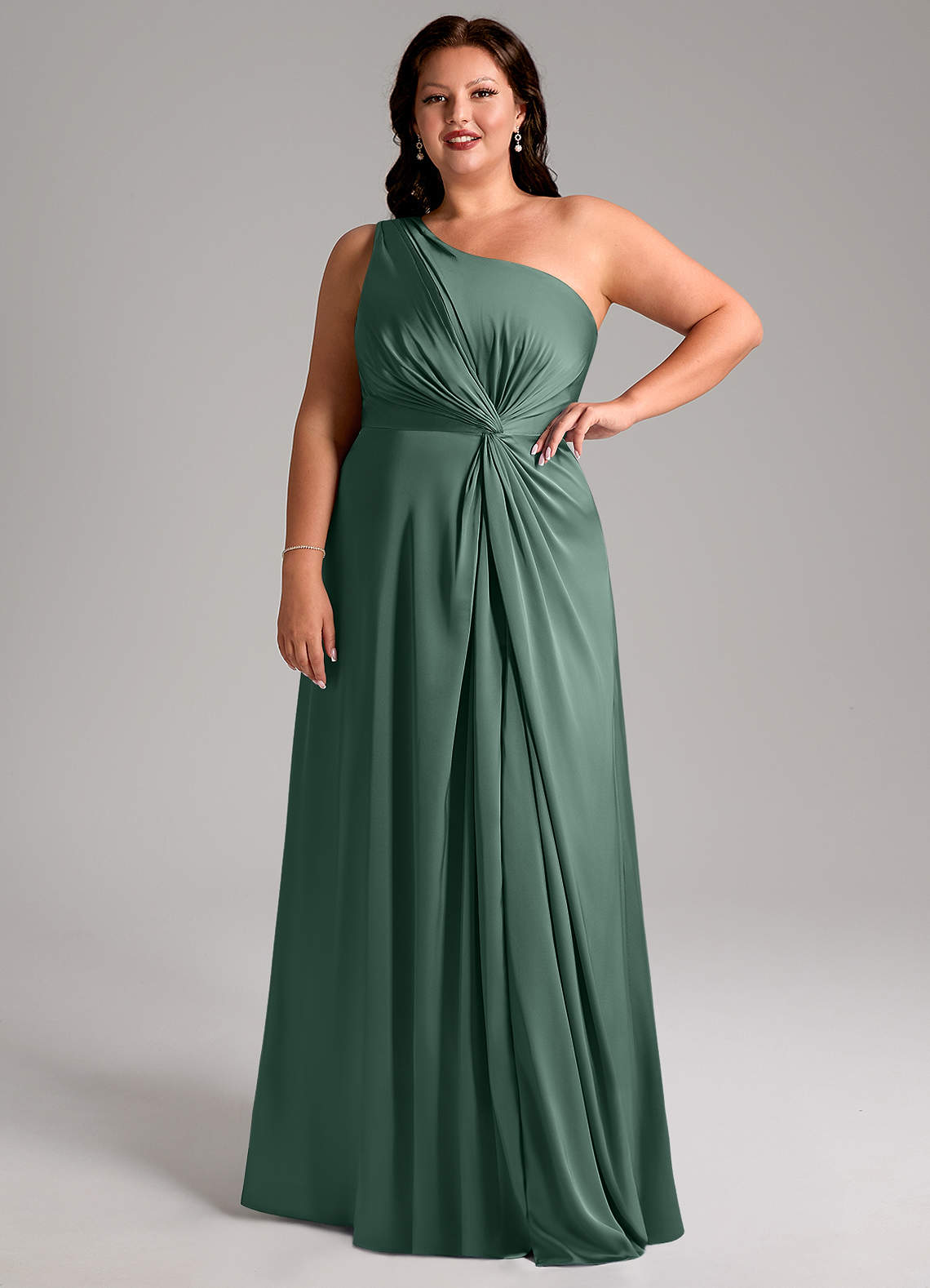 Azazie Brooke Bridesmaid Dresses Eucalyptus A-Line One Shoulder Stretch Satin Dress image11