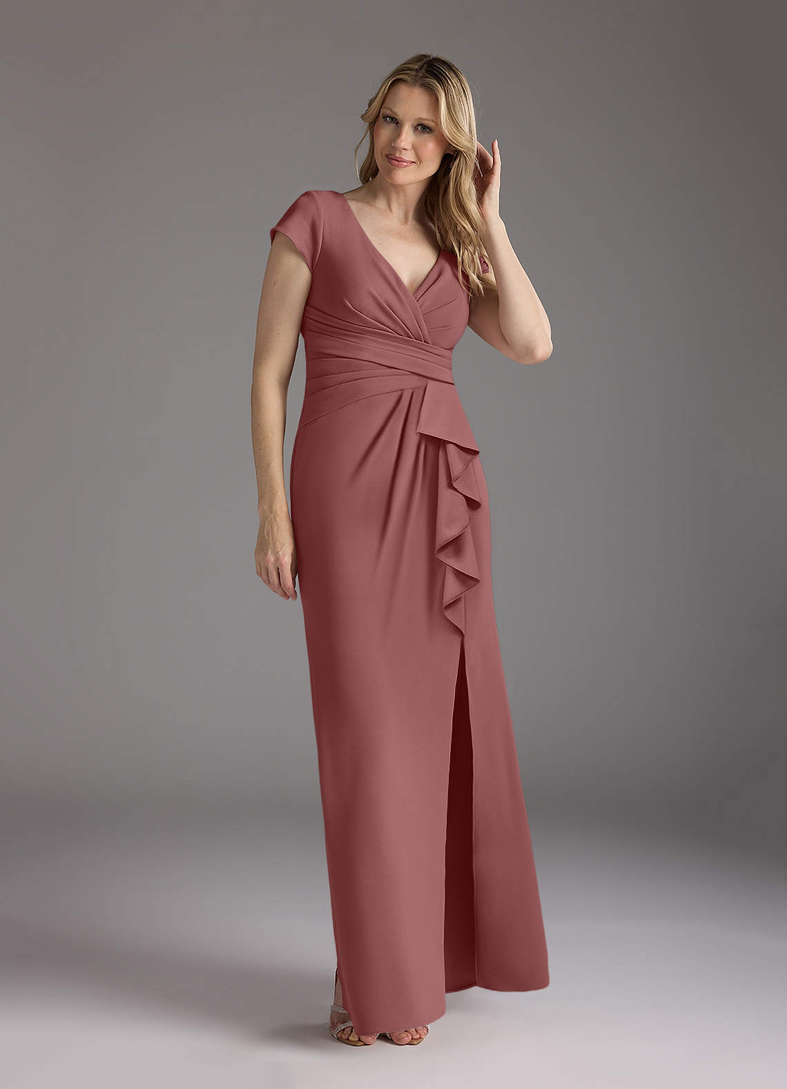 Azazie Tana Kleider für die Brautmutter Meerjungfrau-Linie V-Hals Gefaltet Stretch-Krepp Kleid Wüstenrose image1