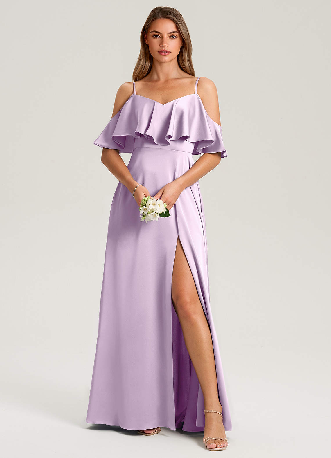 Azazie Jean Vestidos de damas de honor Vestido de Lila Esmerilada de Satén Elástico de Corte en A con Vestidos sin tirantes image1