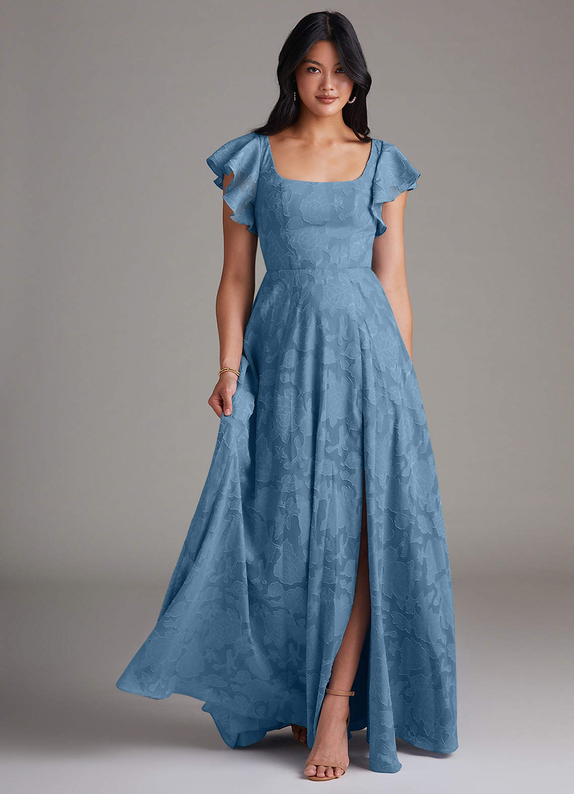 Azazie Bondi Bridesmaid Dresses Steel Blue A-Line Side Slit Floral Burnout Dress image1