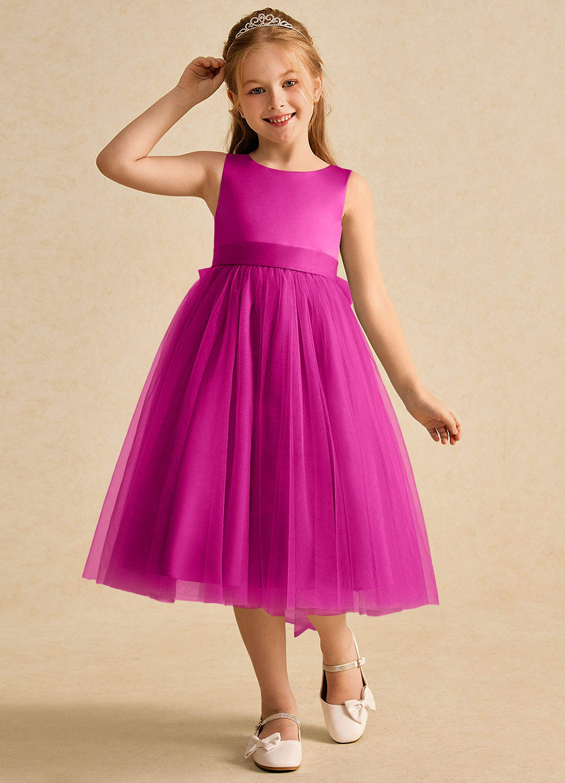 Azazie Winnie Robe Demoiselle D'honneur Fillette Robe Princesse en Tulle Arc Fuchsia image3