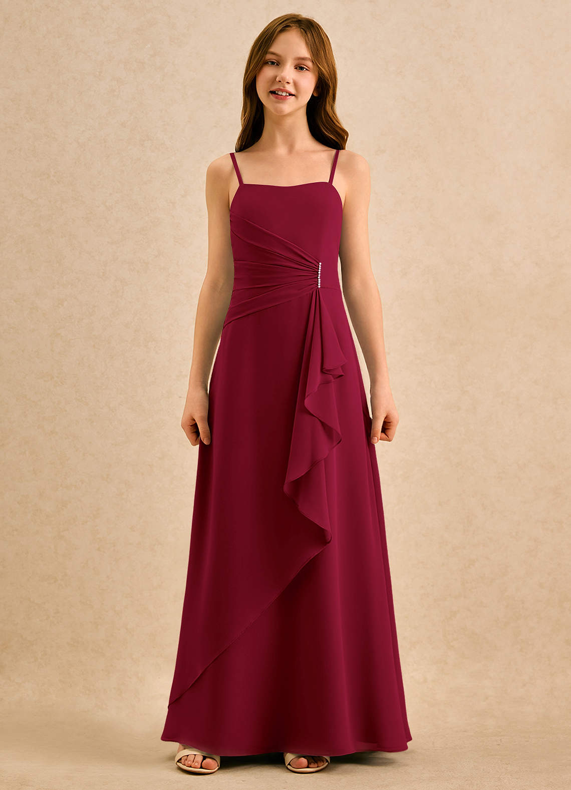 Azazie lolly Girls Formal Robe Demoiselle D'honneur Fillette Robe Trapèze en Mousseline de soie Plissée Bourgogne image3