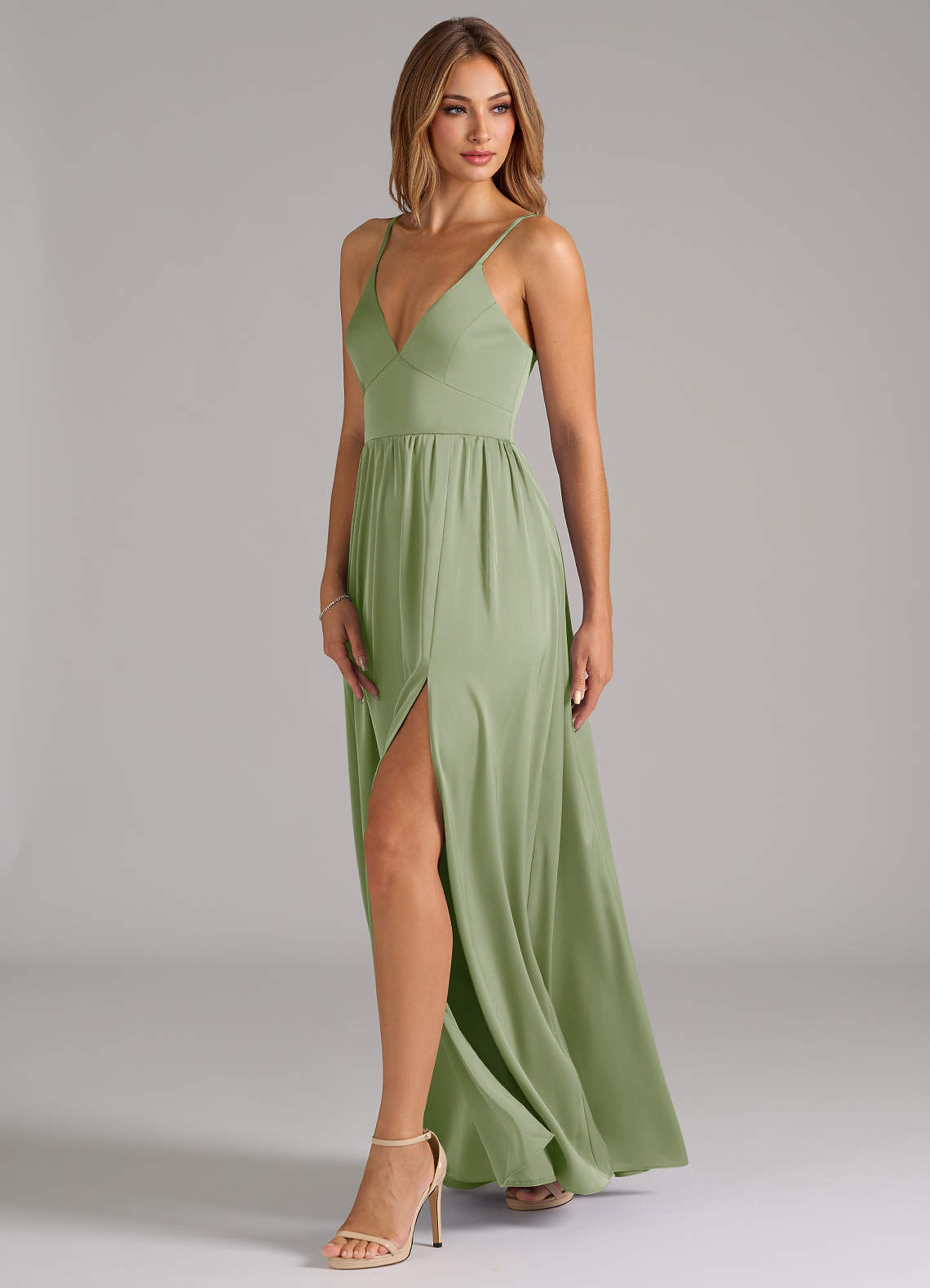 Azazie Aaida Robes de demoiselle d'honneur Robe Trapèze en Satin extensible Corset Vert Sauge image2