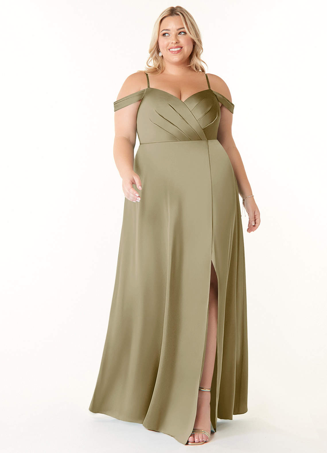 Azazie Ocean Brautjungfernkleider A-Linie V-Hals Gefaltet Stretch-Satin Kleid Moosgrün image1