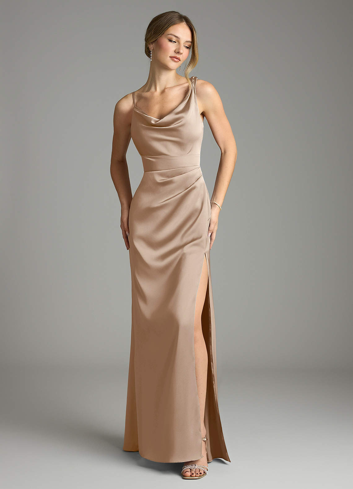 tan satin bridesmaid dresses Azazie Samara