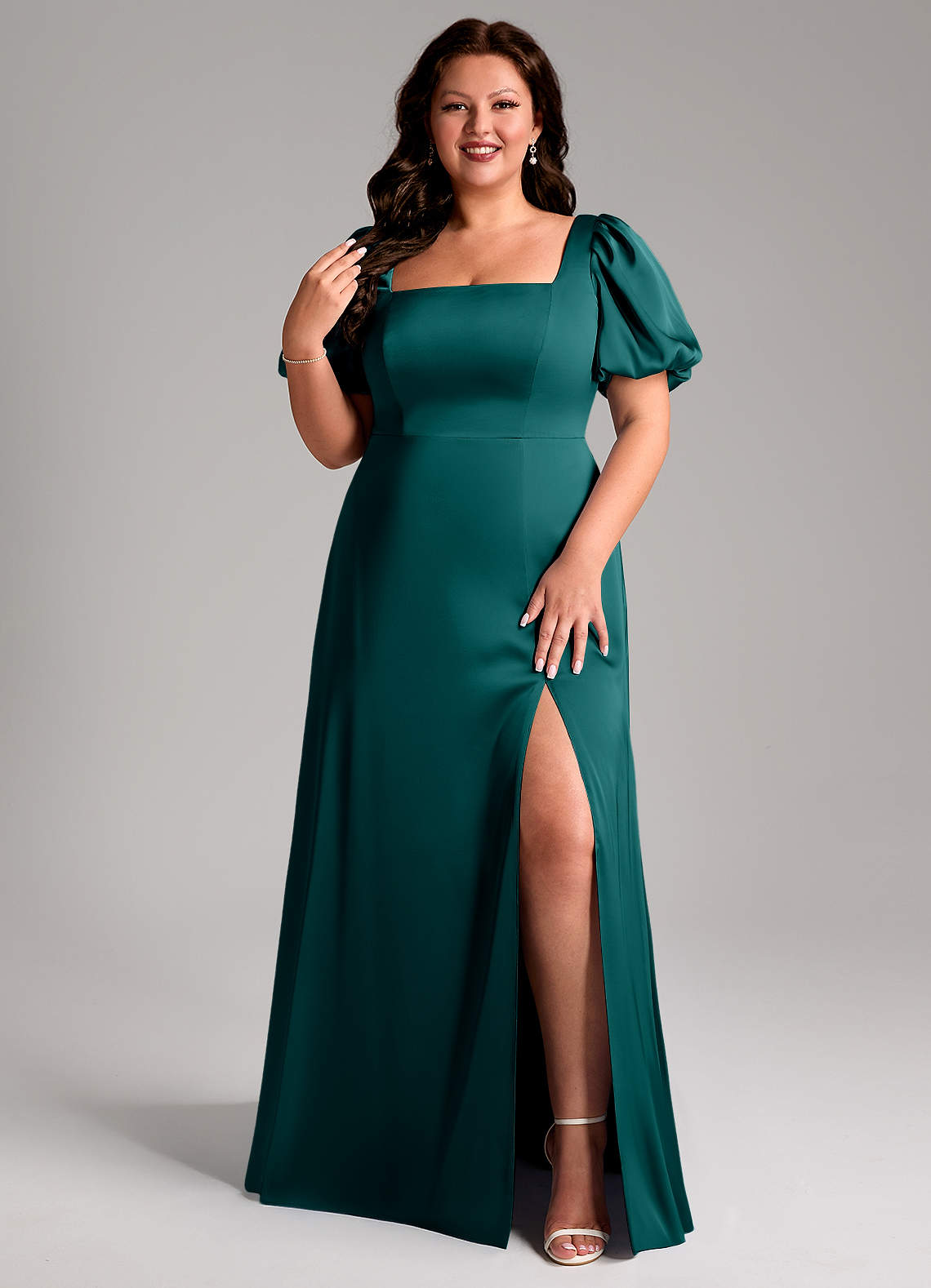 Azazie Fyona Bridesmaid Dresses Peacock A-Line Pleated Stretch Satin Dress image1