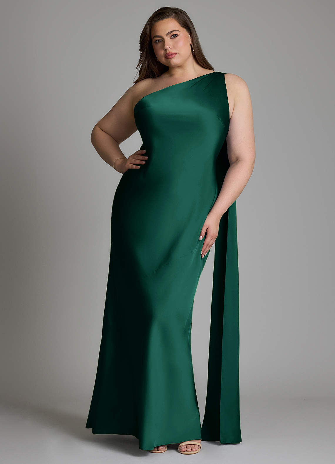 Azazie Juniper Jurken voor bruidsmeisjes Jurk van Stretch Satijn met Zeemeermin One-shoulder Smaragd image1