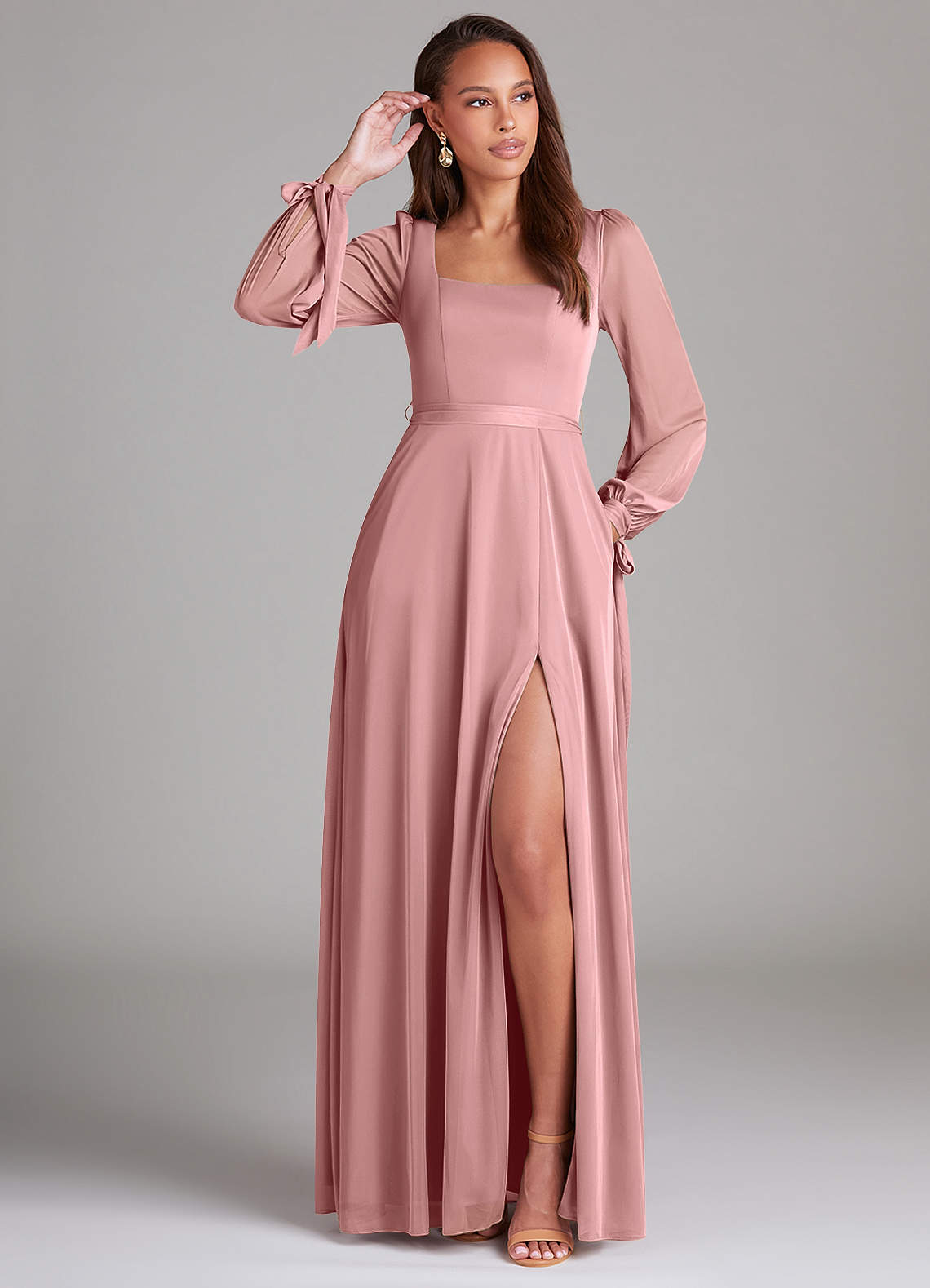 Azazie Leonia Bridesmaid Dresses Dusty Rose A-Line Long Sleeve Mesh Dress image1