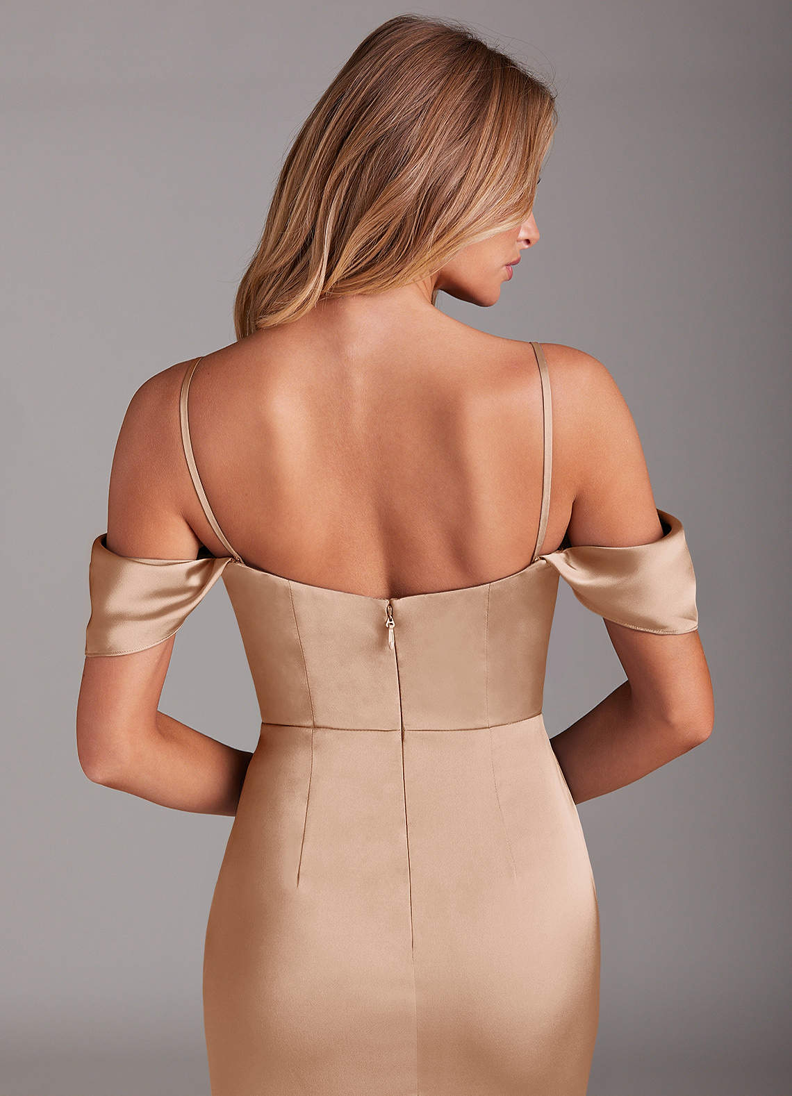 Azazie Saige Bridesmaid Dresses English Rose Sheath Off the Shoulder Stretch Satin Dress image7