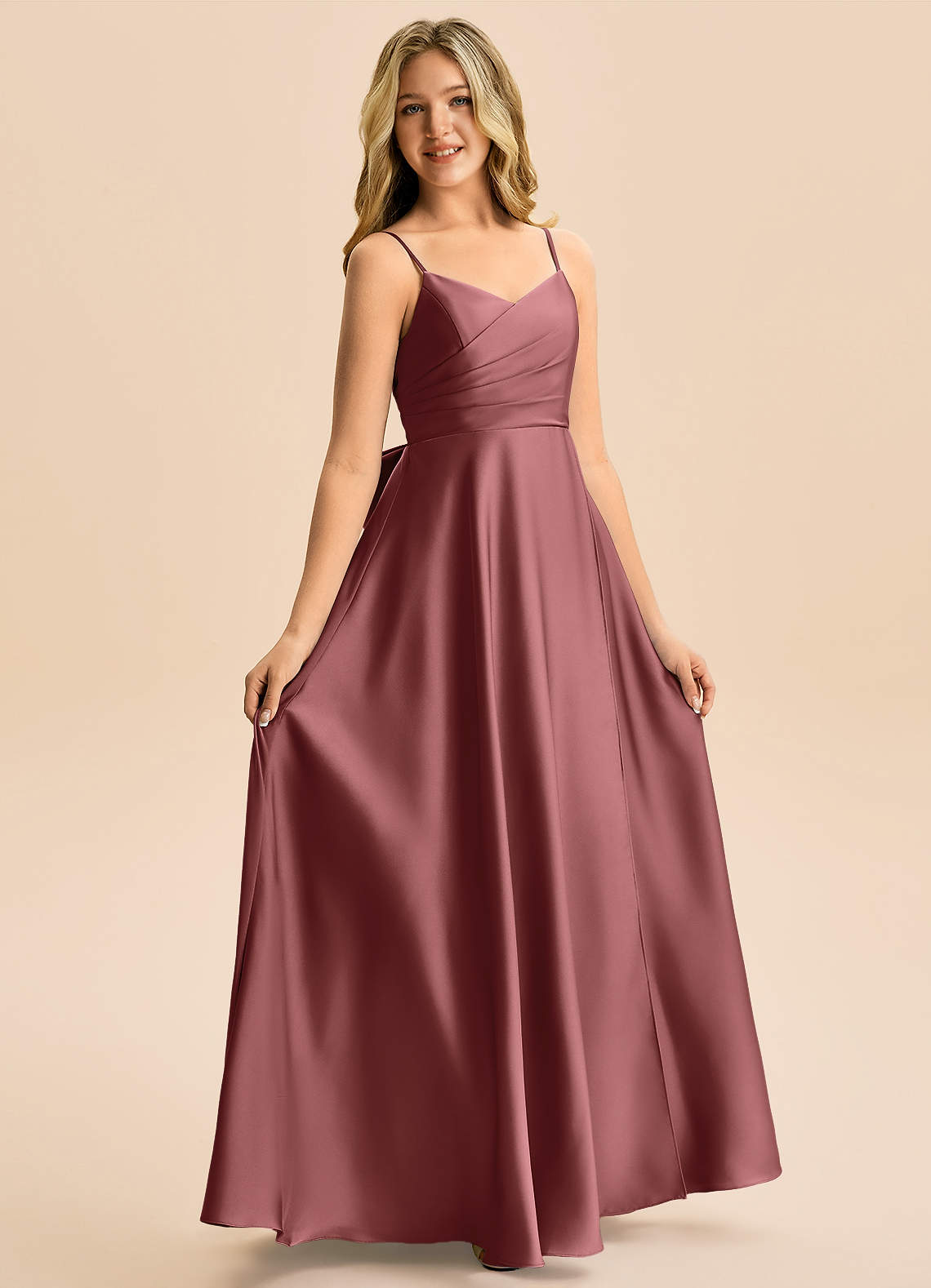 Azazie Rumi Junior Klä av A-Line i Stretch Satin Plisserad image4