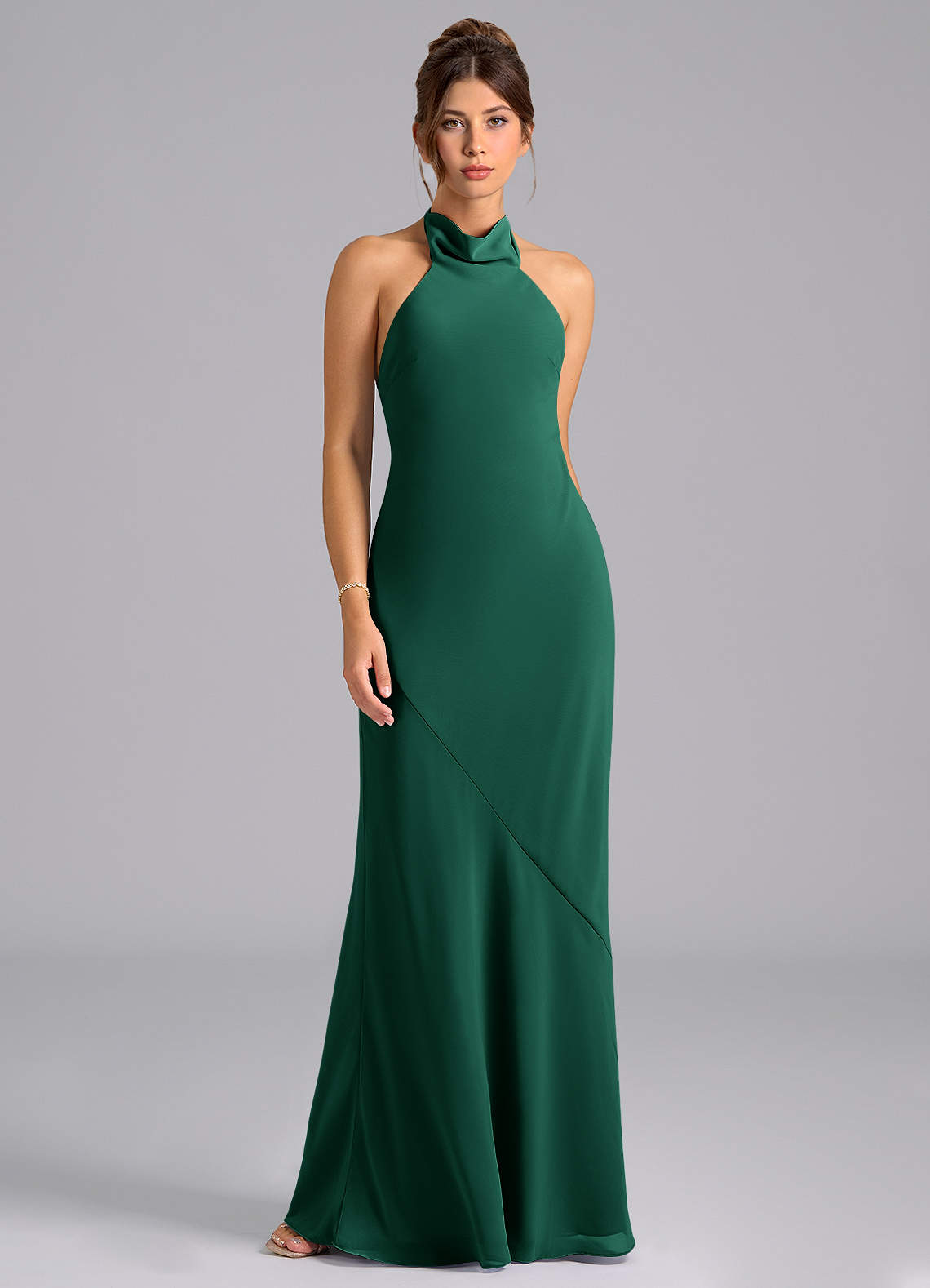 Azazie Velli Vestidos de damas de honor Vestido de Esmeralda de Gasa de Corte Sirena con Cuello Alto image5