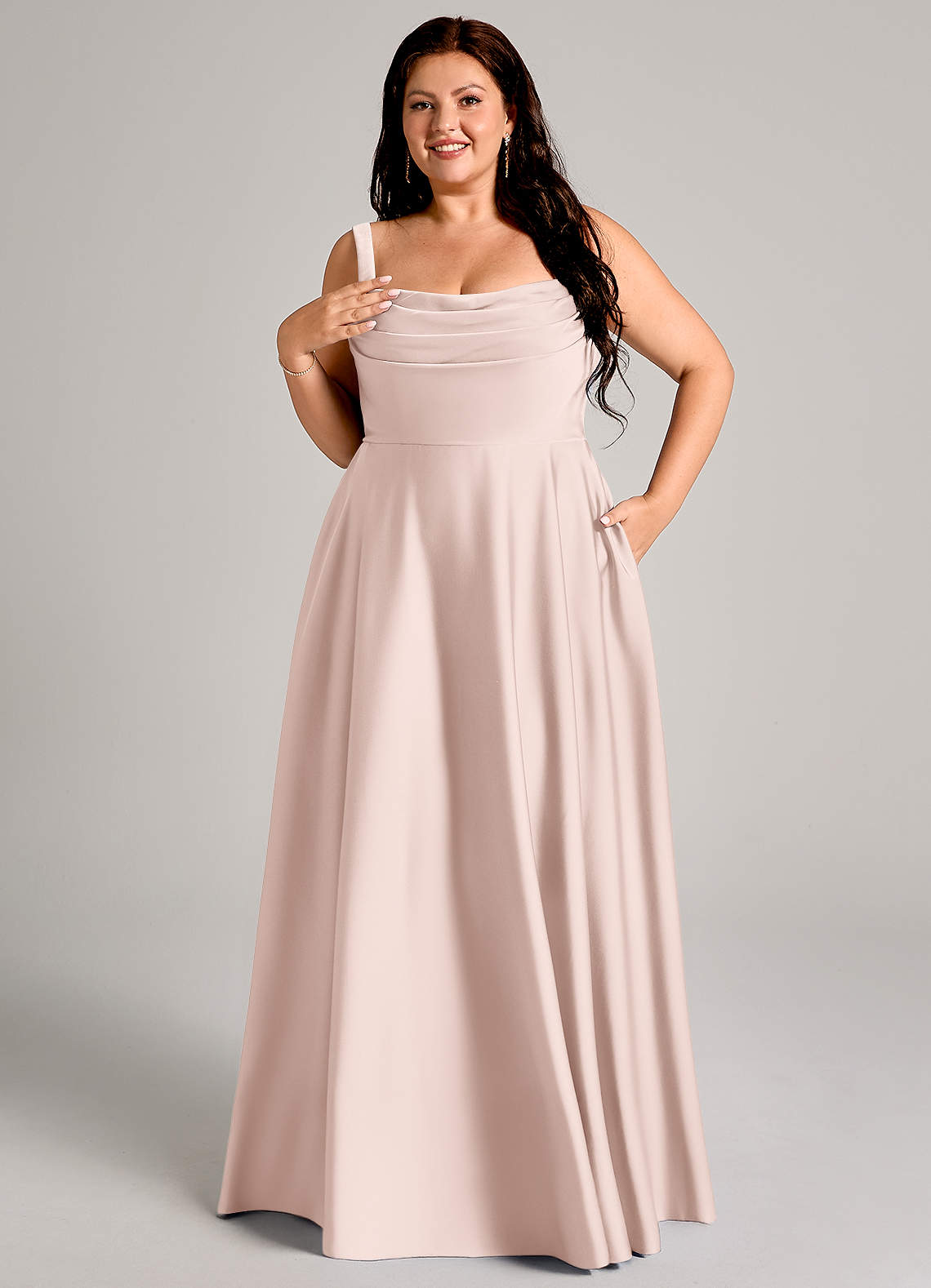 Azazie Shaude Bridesmaid Dresses Blushing Pink A-Line Pleated Stretch Satin Dress image10
